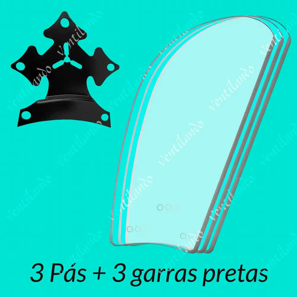 A imagem exibe um kit composto por 3 pás translúcidas e 3 garras pretas. As pás apresentam um formato curvo, e as garras possuem furos para fixação, sugerindo montagem em conjunto. O texto "3 Pás + 3 garras pretas" descreve o conteúdo do conjunto em destaque.